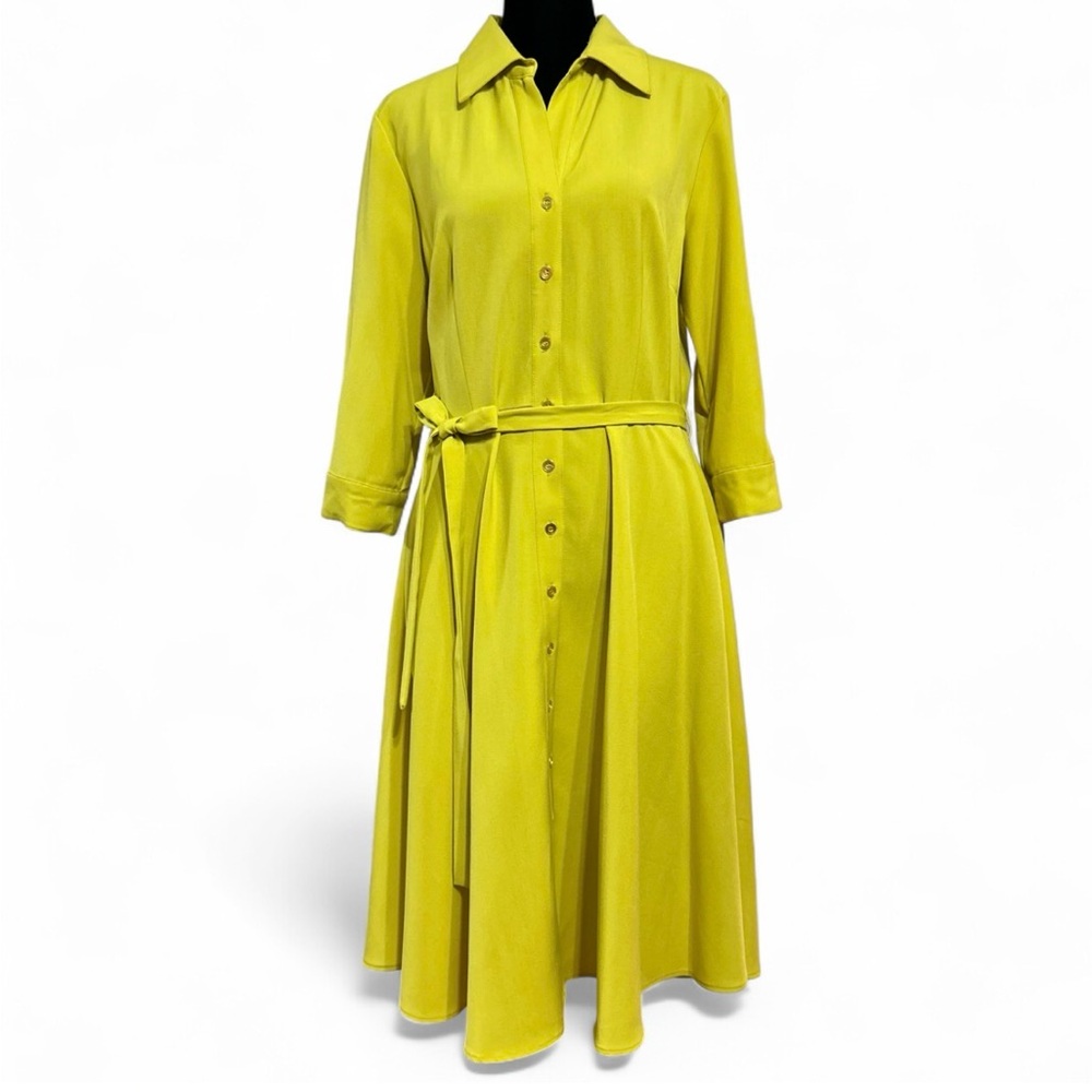 SHARAGANO  Yellow Midi Shirt Dress 6, 3/4 Sleeve Open-Up Front Belted Wais NWT